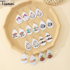 Boucles d'oreilles pendantes en cuir motif Tsunami Cartoon, fantôme et citrouille d'Halloween pour femme, bijoux de fête - Product Image 1