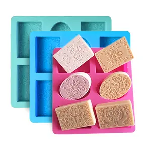 XINCHOUT Silicone Soap Molds, Four squares and two circles Silicone Molds , 6 Cavities Include Rectangle and Oval Shapes,Flower