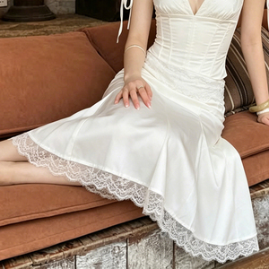 French Elegant Lace <b>Patchwork</b> Waist Defining Satin Moonlight White Mermaid Midi <b>Skirt</b> for Women - Product Image 5