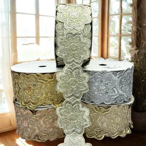 Premium Circular Motif Embroidered Rhinestone Lace Trim with Metallic <b>Thread</b> for Garments Shoes Wedding Decor - Product Image 3