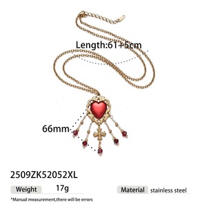 ชุดสร้อยคอพร้อมต่างหูรูปหัวใจสีแดง ชุบทอง 18K สแตนเลสสตีล จี้รูปพู่ห้อยกากบาท ไม่หมอง สำหรับผู้หญิง งานแต่งงาน งานปาร์ตี้ - Product Image 5