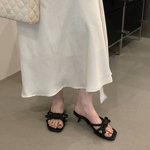 Bow Knot <b>Kitten</b> <b>Heel</b> <b>Mules</b> for Women Elegant Square Toe On Heeled Sandals Comfortable Summer Dress Shoes Slippers - Product Image 6