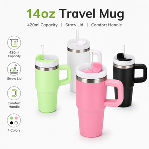 Gobelet isotherme en acier inoxydable de 14 oz avec poignée et paille, tasse à café portable pour voiture, tasse personnalisable avec logo - Product Image 2