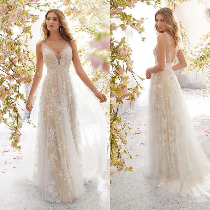 Vestido de boda de crepé de flores, el mejor vestido de novia de jardín, simple y elegante con cuello de pico, venta al por mayor, 2021