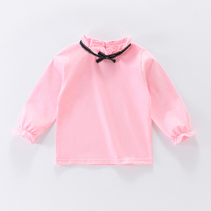 Guai Premium Boutique Kız Bebekler İçin Günlük Sonbahar Giyimi İçin Fiyonklu Pembe Fırfırlı Yaka Uzun Kollu Üst - Product Image 2
