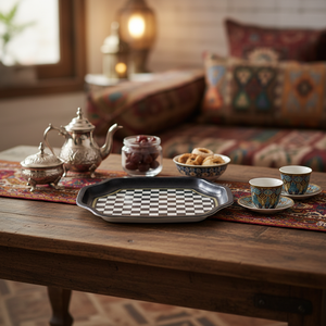 Kontensan - Bandeja Rectangular Metálica para Servir, Diseño a Cuadros, 160x350 mm, para Té, Café, Madera, Nácar, Estilo Árabe, Turquía - Product Image 3
