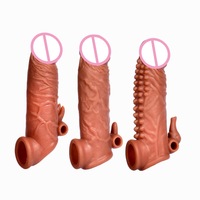 Anneau pénien pour hommes, série de couvre-pénis en TPE, avec fonction de retenue du sperme, allongement, épaississement, texture cristalline, perles en relief et vibration