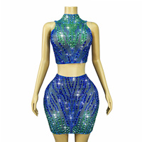 Novance Y5663 Ensemble deux pièces dos nu perlé bleu-vert avec strass, tenue de soirée sexy pour femme, débardeur court