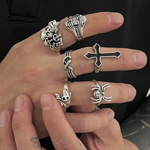 6 Pçs/set <span class=keywords><strong>Goth</strong></span> Halloween Esqueleto Caveira Anéis para Homens Punk Hip-Hop Retro Aranha Cruz Cadeia Ajustável Anel Conjunto Masculino Jóias - Product Image 2