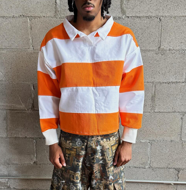 Custom Heavyweight Cotton Rugby Shirt Horizontal Stripes Ribbed Collar White Cuffs Boxy Oversized Cropped Streetwear Wholesale