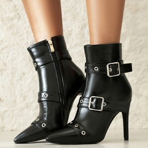 Bottines courtes sexy pour femmes à talons aiguilles, avec boucles de ceinture larges, talons fins, grande taille 48 - Product Image 1