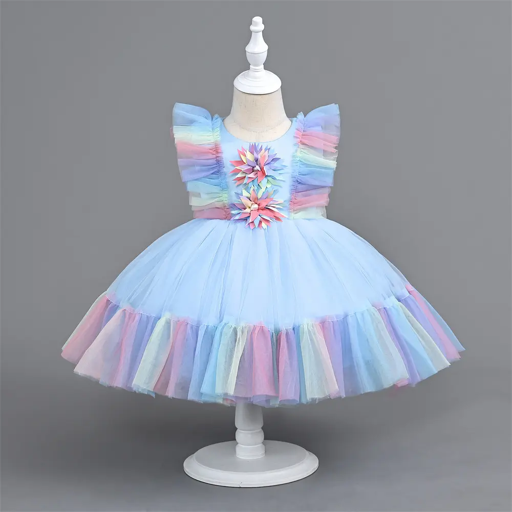 Boutique Summer New Colorful Ball Gown Ruffle Sleeve Baby Girls Party Wear Dress Little Baby Bridesmaid Dress