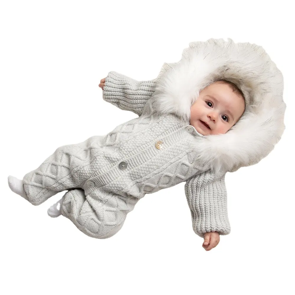 2023 Guangzhou manufacturer Winter Baby Hooded Knitted baby Rompers Newborn Girls Boys Warm Sweater Jumpsuit Outfits