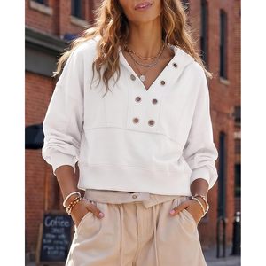 Sweat-shirt à capuche court pour femme, col en V, coupe oversize, manches longues, style automne, blanc - Product Image 5