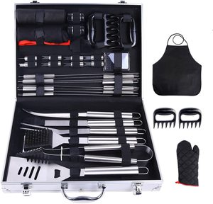 El juego de herramientas para parrilla de barbacoa de acero inoxidable incluye tenedor, espátula, cuchillo, pincho, cepillo de limpieza, caja de aluminio, pincho de maíz, pimentero - Product Image 1