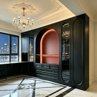 Armoire murale en bois courbée de style rétro français avec évier intégré, finition noir mat moderne, pour l'aménagement intérieur de villas haut de gamme