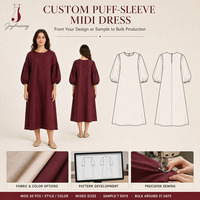 Pabrik Joydressing Gaun Midi Linen Wanita Custom Polos Kasual Longgar Lengan Lentera Belakang Berlubang Model Keyhole Musim Panas Gaun Santai OEM ODM
