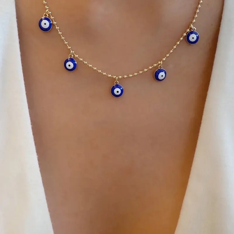 Best Selling 14K Gold Plated Turkish Blue Eye Bead Chain Necklace Oil Drop Evil Eyes Link Chain Choker Necklace For Women