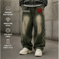 Pantalon de survêtement pour homme, personnalisé OEM, 400 g/m², 100 % coton, imprimé DTG, délavé à l'acide, orné de strass, taille élastique