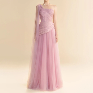 فستان سهرة راقي للنساء من ZYHT بكتف واحد لون وردي من التل مع جسم راقي وتفاصيل الرأس - Product Image 2