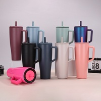 Gobelet isotherme transfrontalier de 40 oz à grande capacité avec poignée, en acier inoxydable 304, pour voiture, avec paille colorée, 6-12h