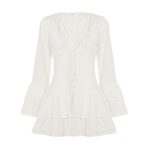 Women's Boho Embroidered Flare Sleeve Mini Dress, Deep V-Neck Tiered Ruffle Hem Dress for Beach & Vacation - Product Image 6