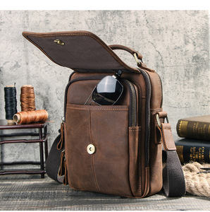 Sac bandoulière vintage en cuir Crazy Horse pour <span class=keywords><strong>homme</strong></span>, en cuir véritable, résistant à l'eau, léger, avec plusieurs fermetures éclair, sac messager d'été - Product Image 4