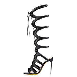 Big Size 46 Cross Lace up Summer Cut Out <b>Knee</b> <b>High</b> Booties Leopard Prints <b>High</b> Slim Heels Sandals Wide Fit Shoes - Product Image 5