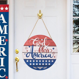 Spot wooden cross-border Independence Day US hanging <b>wall</b> <b>decoration</b> patriotic welcome door sign round red, white and blue - Product Image 2