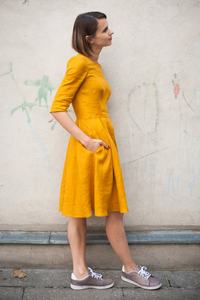Fabulous Women Boho Linen Mustard Midi <b>Dress</b> For <b>Summers</b> <b>With</b> Fitted Waistline <b>Pockets</b> On Both Sides & Invisible Back Zipper - Product Image 2