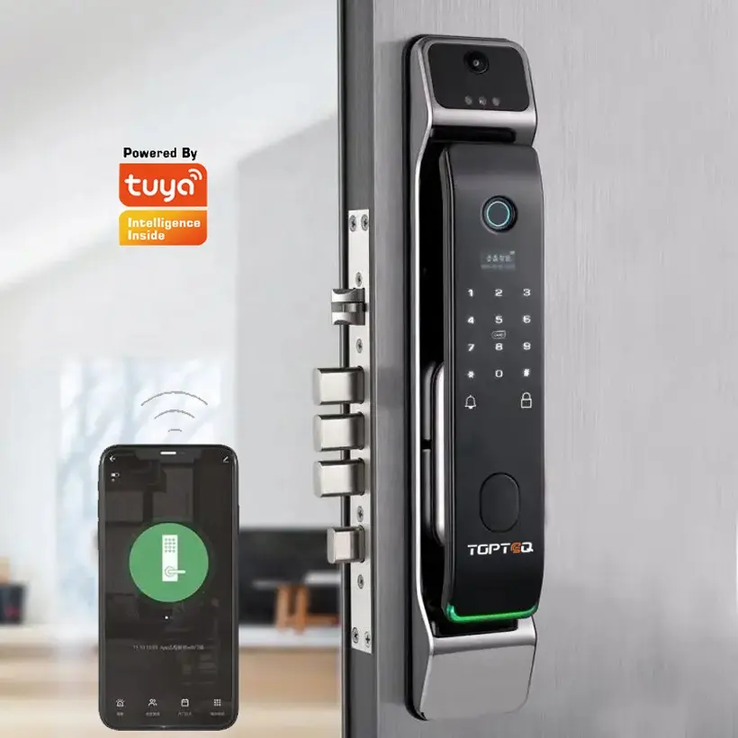 Kunci pintar 3D abu-abu kualitas tinggi, pengenalan wajah mewah aplikasi kontrol telepon sidik jari rumah pintar Wifi Tuya kunci pintu