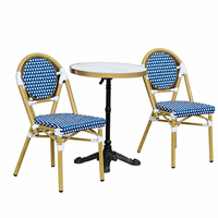 Ensemble de 2 chaises bistrot à carreaux bleus et blancs avec petite table en marbre à bord doré, ensemble de sièges modernes pour jardin, balcon, extérieur