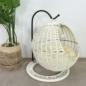 Lit rond d'hiver pour chat litière semi-fermée avec coussin universel semi fermé circulaire en rotin hamac d'été pour chat - Product Image 3