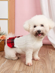 C089 Ensemble deux pièces jupe et pull en acrylique mignon pour chiens et chats, Noël, loisirs d'hiver, mode, nœud papillon, gris et blanc - Product Image 3