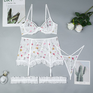 Sexy <b>Elastic</b> Flower Embroidery See-through Mesh Short <b>Skirt</b> Lingerie Set Breathable Hot Women's One-Piece Bra Set - Product Image 6