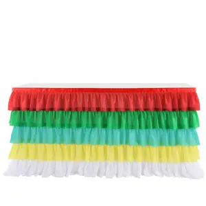 Europe Table Skirting Cloth Cover Rectangular Fancy Tulle Chiffon Rainbow Ruffle Table Skirt For Wedding Party Decoration
