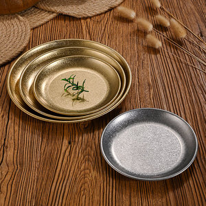 Vintage Stainless Steel Round <b>Tray</b> Distressed Industrial Style Flat Bottom Shallow Dish For Coffee Shop Restaurant Barbecue - Product Image 1