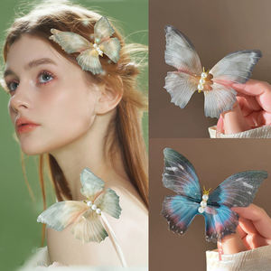 复古雪纺蝴蝶珍珠发夹森林风格甜美女孩派对气质鸭嘴发饰 - Product Image 1