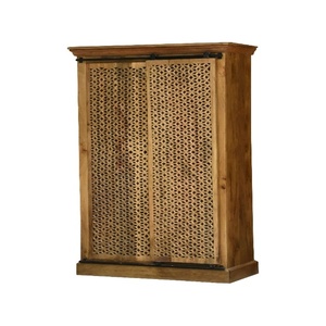 Solid Wood Sliding Door <b>Wardrobe</b> with Handwoven Cane Panels | Natural Finish Space-Saving Almirah | Modern <b>Rustic</b> Bedroom - Product Image 1