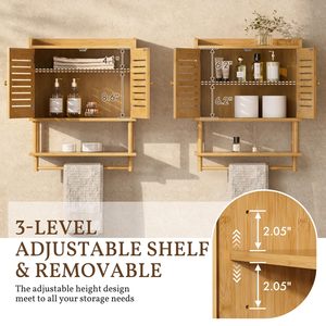 Bathroom Wall Cabinet Bamboo Medicine Cabinet with Double Doors 3 Tier Adjustable <b>Shelf</b> for <b>Kitchen</b> Bedroom Living Room - Product Image 5