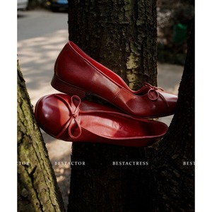 Low-cut single <b>shoes</b> for women flat <b>shoes</b> spring new style genuine leather round toe bow tie red color women's single <b>shoes</b> - Product Image 3