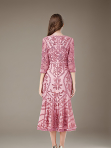 Kadınlar için L-5XL artı boyutu işlemeli dantel Midi elbise 3/4 kollu kokteyl elbisesi, Vintage V boyun resmi akşam parti kıyafeti L-5XL - Product Image 4