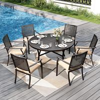 Table de jardin ronde pour 6 personnes, 54 pouces, grande table en métal inoxydable avec trou pour parasol, résistante aux intempéries, pour cour et parc