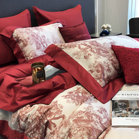 Parure de lit haut de gamme en coton sergé à fibres longues imprimé numérique motif plantes et fleurs, 120 fils, pour lit – Collection Mariage Rouge