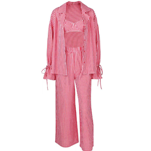 Ensemble pyjama trois pièces pour femme, motif quadrillé rouge, tendance 2026, doux, respirant et confortable, vêtements de détente - Product Image 3