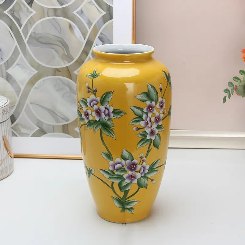 V170 14.5 inç antika düzenlemek yapay çiçekler vazo 37 com masa dekoru el boyalı sarı seramik vazolar