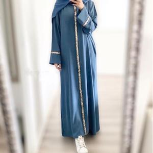 Nouvelle Robe <span class=keywords><strong>Djellaba</strong></span> pour Femmes Musulmanes d'Asie, avec Bordures Brodées et Paillettes, Couleur Unie - Product Image 1