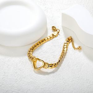 Pulsera de Cadena Cubana con Corazón Hueco de Acero Inoxidable Chapado en Oro de 18K para Mujer, Joyería al por Mayor, Pulseras de Moda con Dijes - Product Image 3