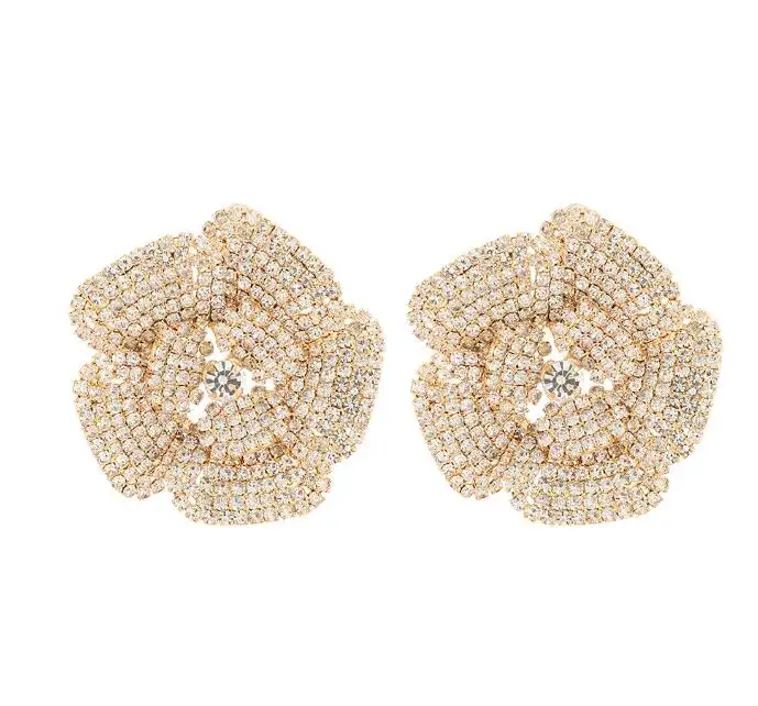 European And American Exaggeration Full Of Crystal Rose Petal Wholesale Alloy Fashion Gemstone Earrings