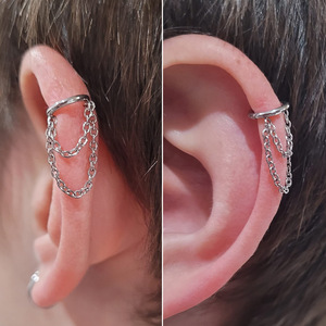 Boucles d'oreilles créoles en acier inoxydable 316L avec chaîne pour piercing de cartilage |   Bijoux de perçage d'oreille à double chaîne pour hommes et femmes - Product Image 3